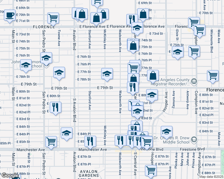 map of restaurants, bars, coffee shops, grocery stores, and more near 828 1/2 East 79th Street in Los Angeles