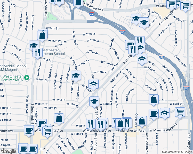 map of restaurants, bars, coffee shops, grocery stores, and more near 7872 Airport Boulevard in Los Angeles