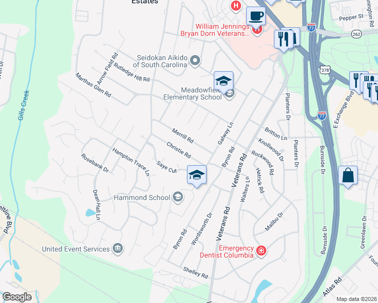 map of restaurants, bars, coffee shops, grocery stores, and more near 6519 Christie Road in Columbia