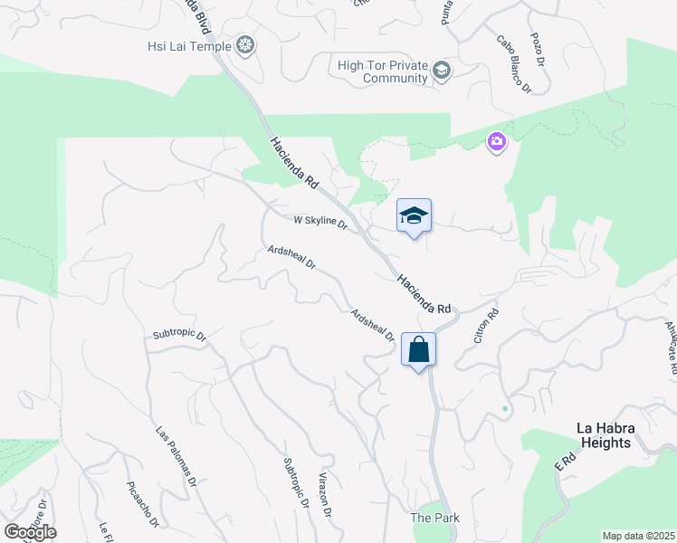 map of restaurants, bars, coffee shops, grocery stores, and more near 2480 Ardsheal Drive in La Habra Heights