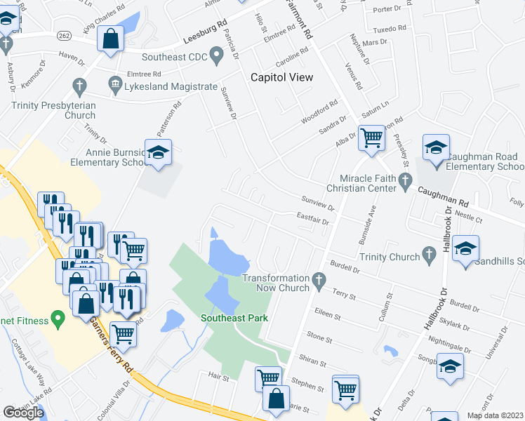 map of restaurants, bars, coffee shops, grocery stores, and more near 441 Eastfair Drive in Columbia