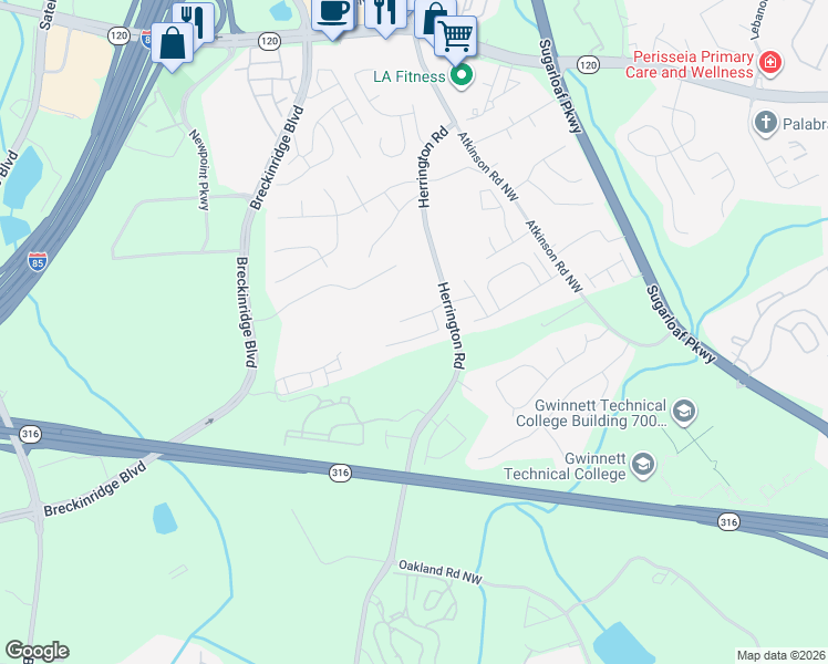 map of restaurants, bars, coffee shops, grocery stores, and more near 2185 Mission View Drive Northwest in Lawrenceville