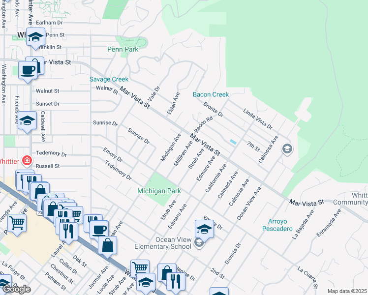map of restaurants, bars, coffee shops, grocery stores, and more near 8033 Milliken Avenue in Whittier
