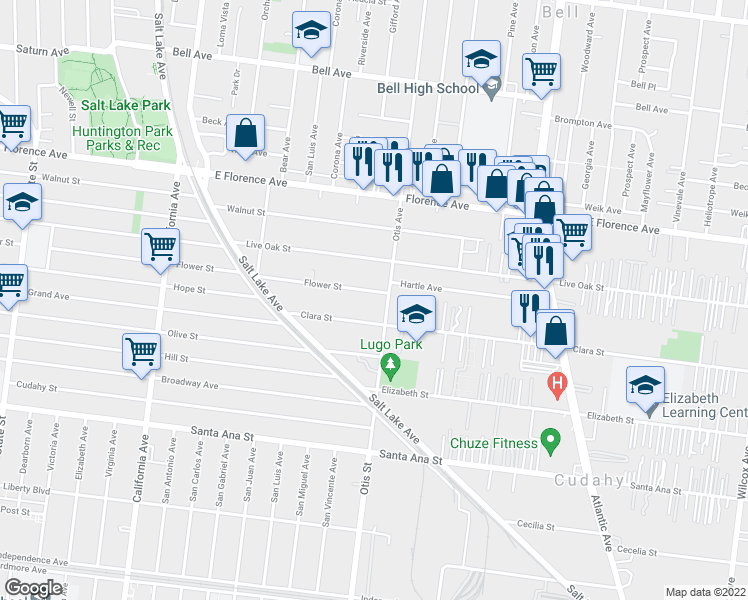 map of restaurants, bars, coffee shops, grocery stores, and more near 4112 Flower Street in Cudahy