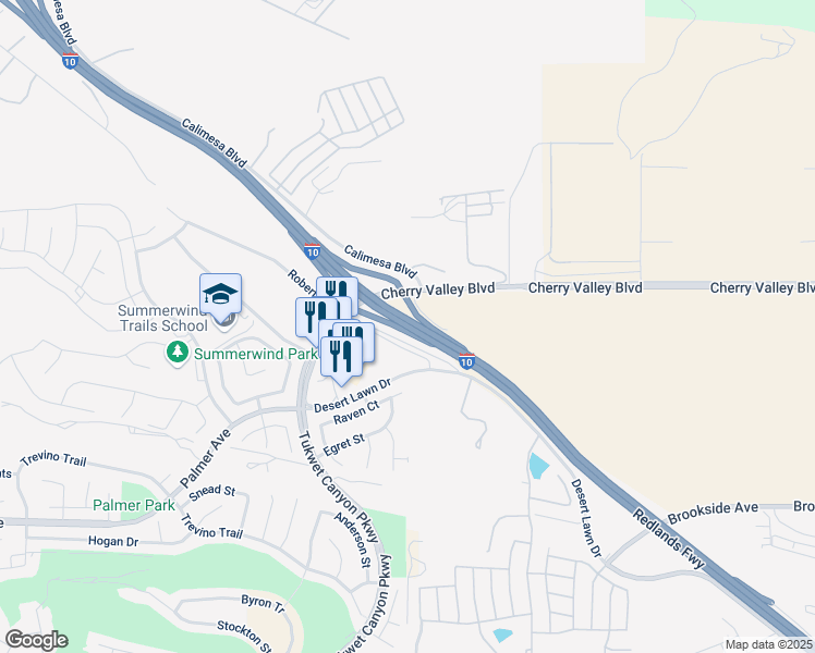 map of restaurants, bars, coffee shops, grocery stores, and more near Christopher Columbus Transcontinental Hwy in Calimesa