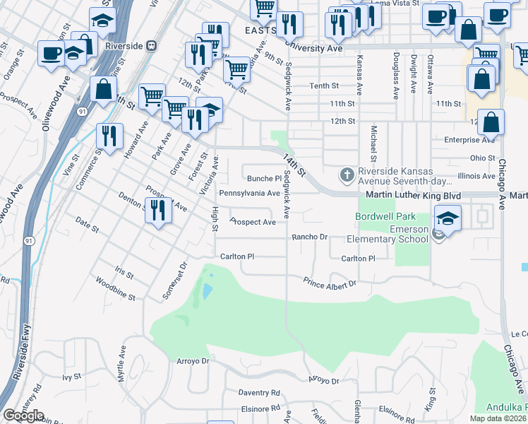 map of restaurants, bars, coffee shops, grocery stores, and more near 2472 Pleasant Street in Riverside