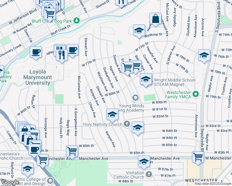 map of restaurants, bars, coffee shops, grocery stores, and more near West 80th Street & Dunbarton Avenue in Los Angeles