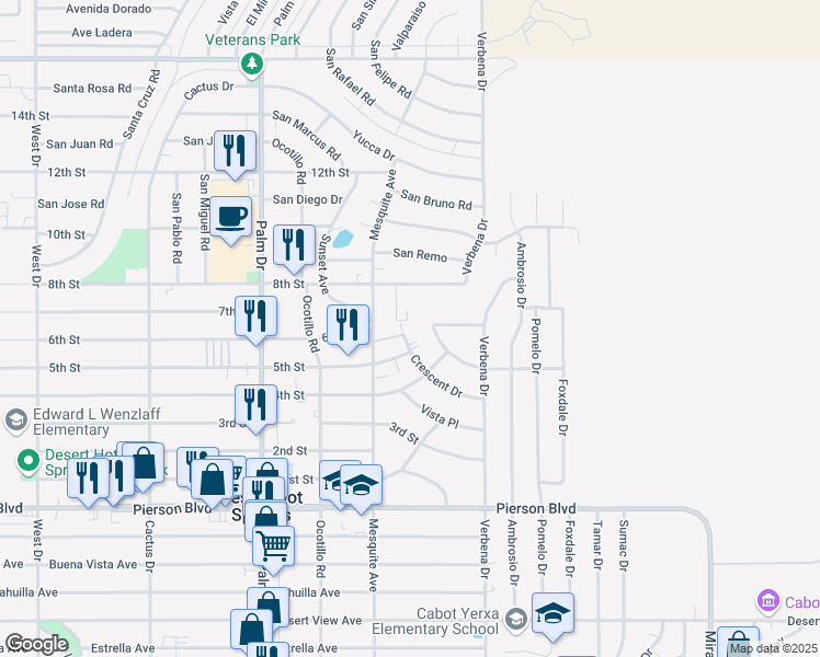 map of restaurants, bars, coffee shops, grocery stores, and more near 66700 Crescent Drive in Desert Hot Springs