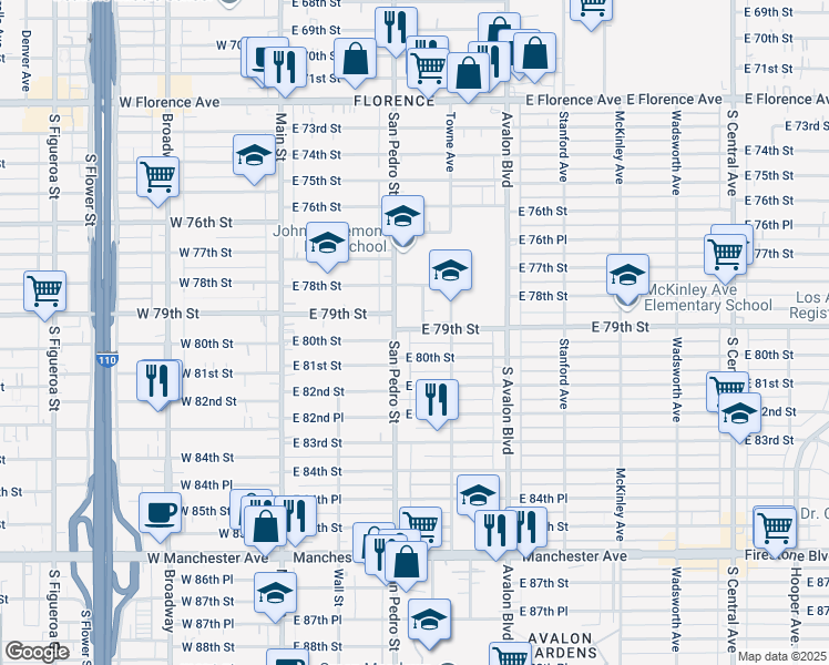 map of restaurants, bars, coffee shops, grocery stores, and more near 318 1/2 East 79th Street in Los Angeles