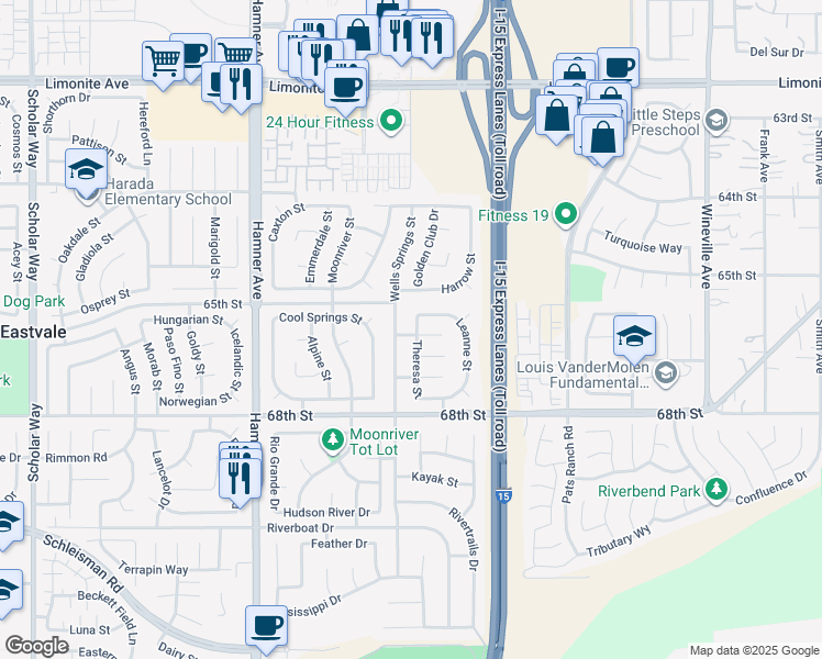 map of restaurants, bars, coffee shops, grocery stores, and more near 6643 Theresa Street in Eastvale