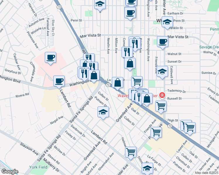 map of restaurants, bars, coffee shops, grocery stores, and more near 12630 Whittier Boulevard in Whittier