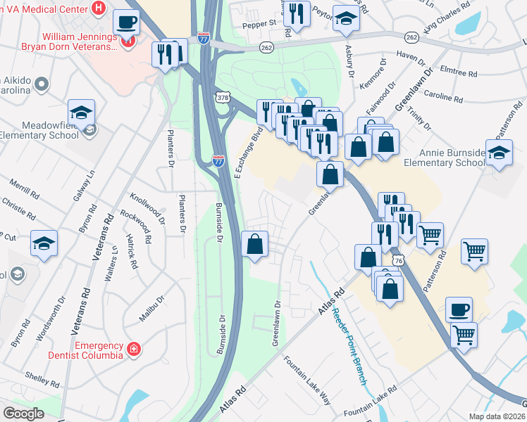 map of restaurants, bars, coffee shops, grocery stores, and more near 250 East Exchange Boulevard in Columbia
