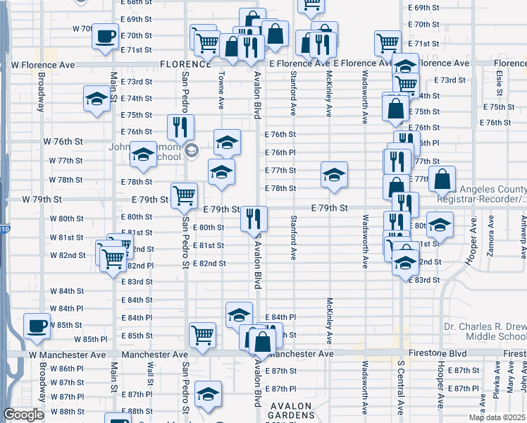 map of restaurants, bars, coffee shops, grocery stores, and more near 7900 Avalon Boulevard in Los Angeles