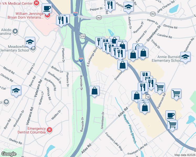 map of restaurants, bars, coffee shops, grocery stores, and more near 250 East Exchange Boulevard in Columbia
