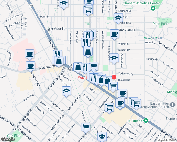 map of restaurants, bars, coffee shops, grocery stores, and more near 8031 Greenleaf Avenue in Whittier