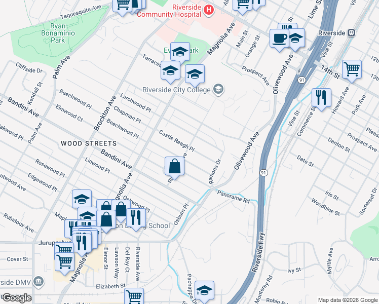 map of restaurants, bars, coffee shops, grocery stores, and more near 3594 Castle Reagh Place in Riverside