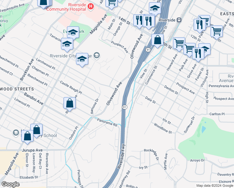 map of restaurants, bars, coffee shops, grocery stores, and more near in Riverside