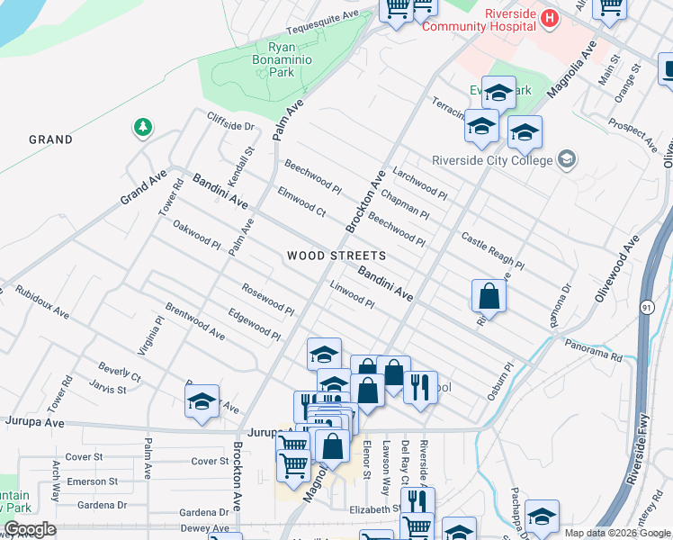 map of restaurants, bars, coffee shops, grocery stores, and more near 4056 Bandini Avenue in Riverside