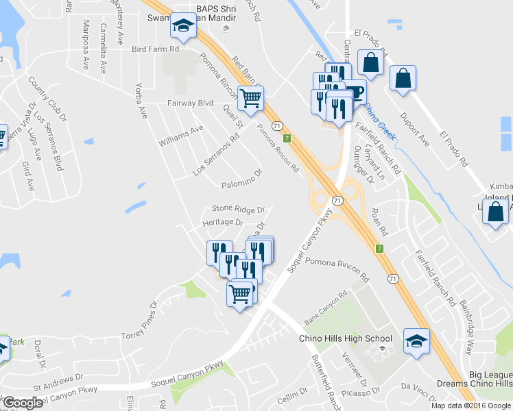 map of restaurants, bars, coffee shops, grocery stores, and more near 5042 Stone Ridge Drive in Chino Hills