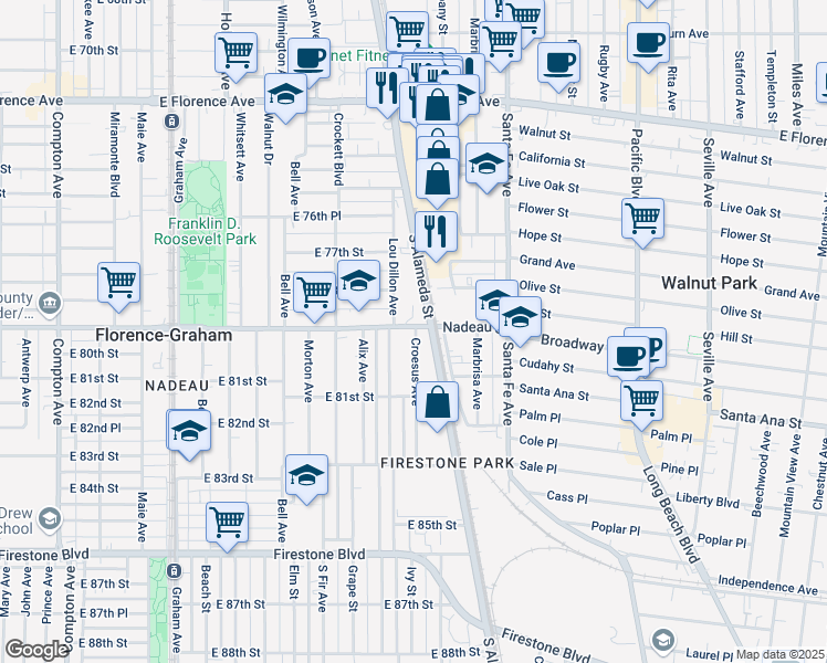 map of restaurants, bars, coffee shops, grocery stores, and more near 2111 Nadeau Street in Los Angeles