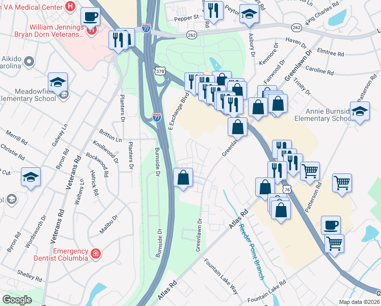 map of restaurants, bars, coffee shops, grocery stores, and more near 250 East Exchange Boulevard in Columbia