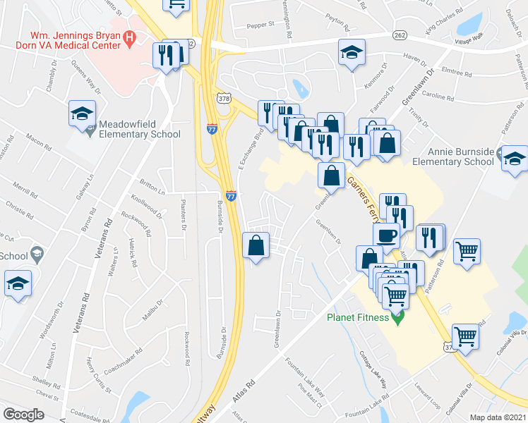 map of restaurants, bars, coffee shops, grocery stores, and more near 250 East Exchange Boulevard in Columbia
