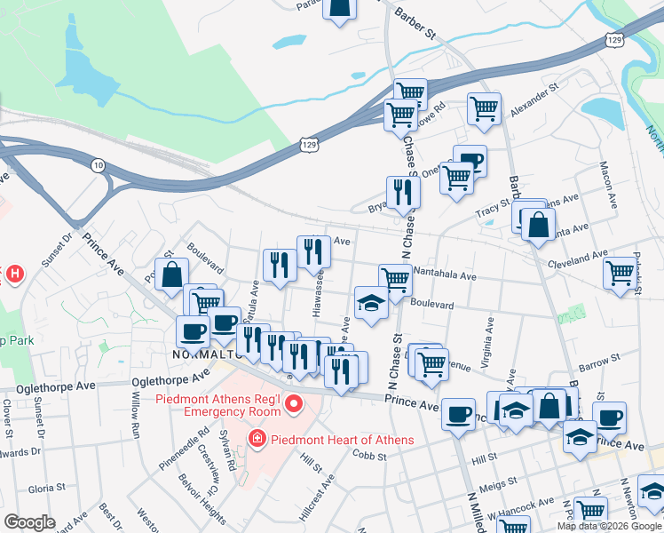 map of restaurants, bars, coffee shops, grocery stores, and more near 391 Nacoochee Avenue in Athens