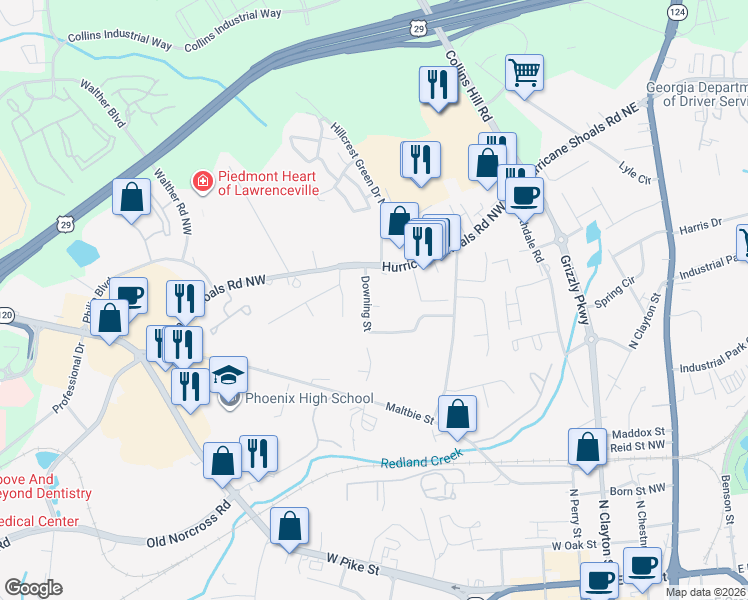 map of restaurants, bars, coffee shops, grocery stores, and more near 551 Downing Street in Lawrenceville