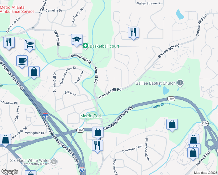 map of restaurants, bars, coffee shops, grocery stores, and more near 648 Anderson Walk in Marietta