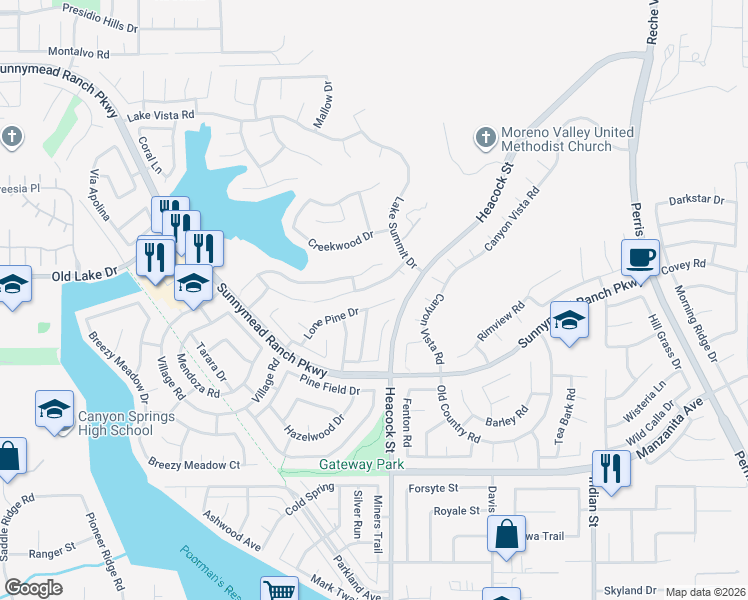 map of restaurants, bars, coffee shops, grocery stores, and more near 23948 Lone Pine Drive in Moreno Valley