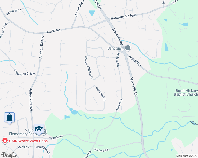 map of restaurants, bars, coffee shops, grocery stores, and more near 613 Owl Creek Drive in Powder Springs