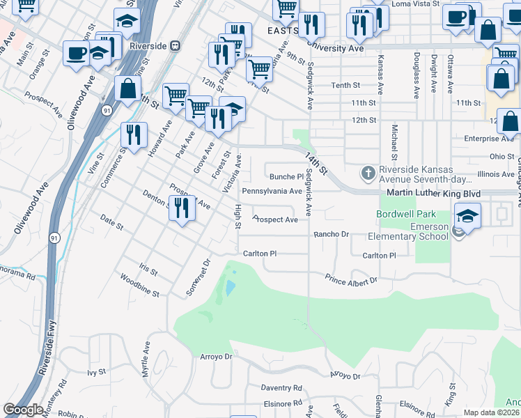 map of restaurants, bars, coffee shops, grocery stores, and more near 2538 Pleasant Street in Riverside
