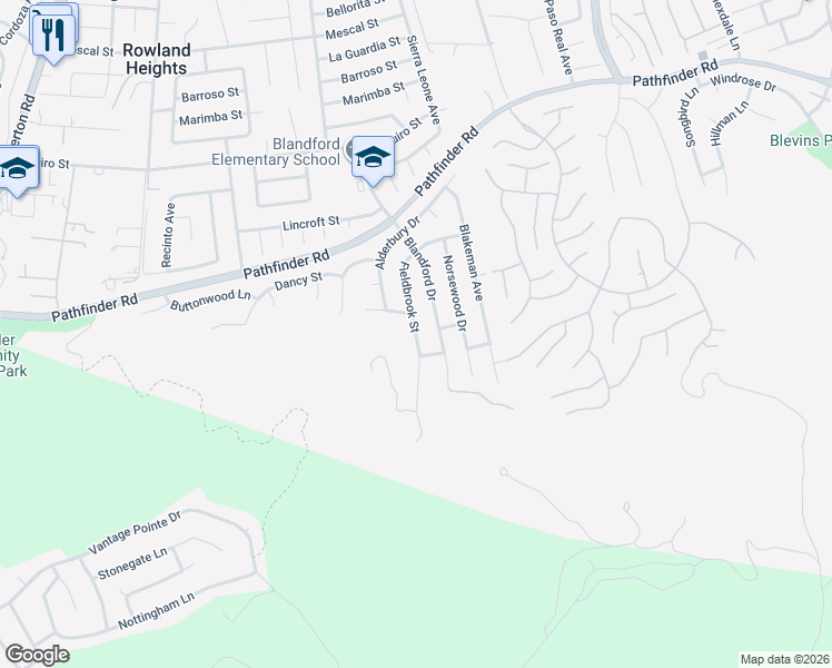 map of restaurants, bars, coffee shops, grocery stores, and more near Fieldbrook Street in Rowland Heights