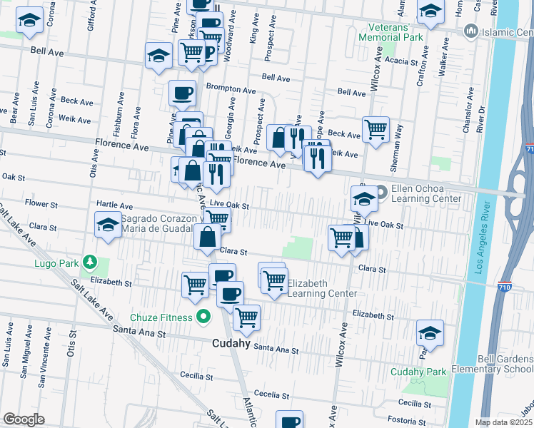 map of restaurants, bars, coffee shops, grocery stores, and more near 4720 Live Oak Street in Bell Gardens
