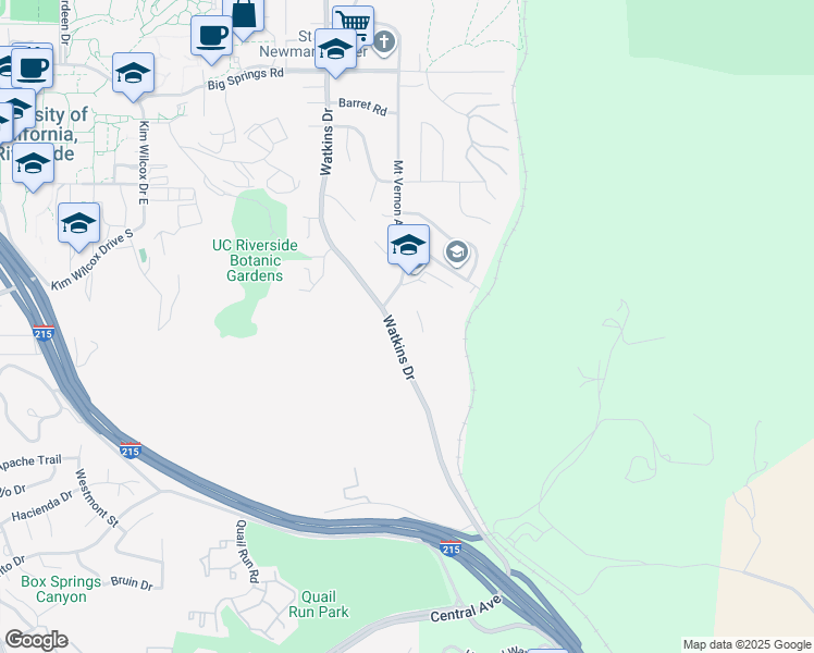 map of restaurants, bars, coffee shops, grocery stores, and more near 4530 Watkins Drive in Riverside