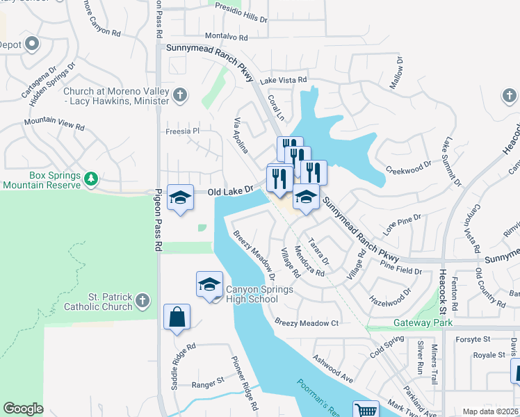 map of restaurants, bars, coffee shops, grocery stores, and more near 23346 Stony Creek Way in Moreno Valley