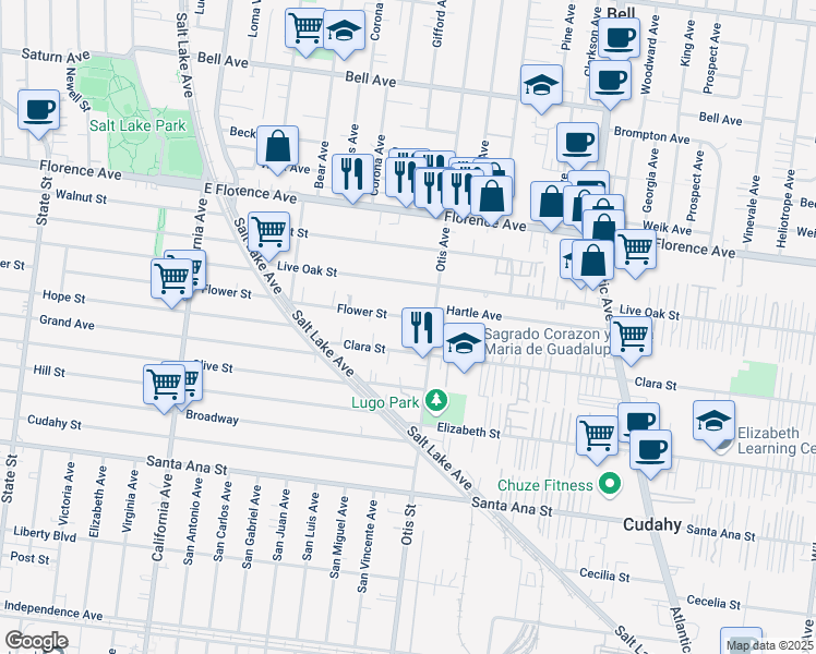 map of restaurants, bars, coffee shops, grocery stores, and more near 4112 Flower Street in Cudahy