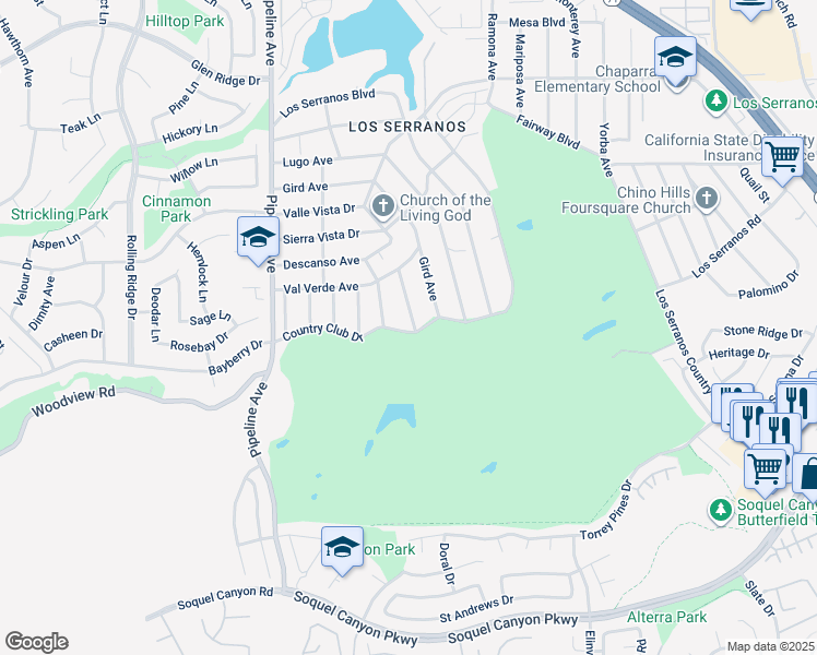 map of restaurants, bars, coffee shops, grocery stores, and more near 15746 Palo Alto Avenue in Chino Hills