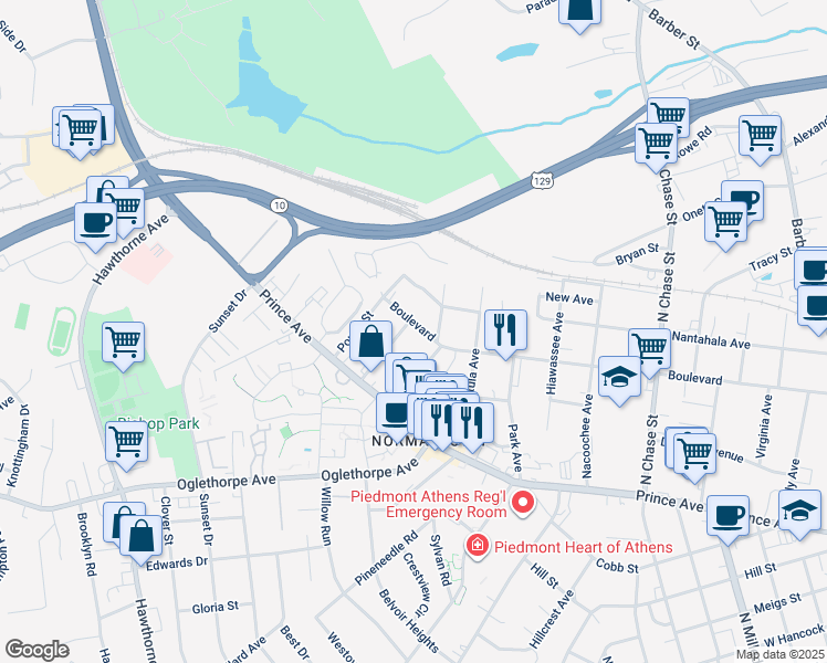 map of restaurants, bars, coffee shops, grocery stores, and more near 1285 Boulevard in Athens