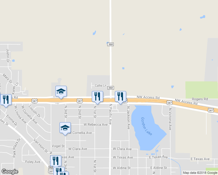 map of restaurants, bars, coffee shops, grocery stores, and more near 501 Callie Lane in Iowa Park