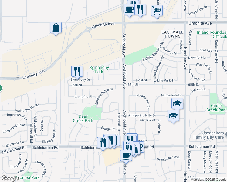 map of restaurants, bars, coffee shops, grocery stores, and more near 14261 Settlers Ridge Court in Eastvale