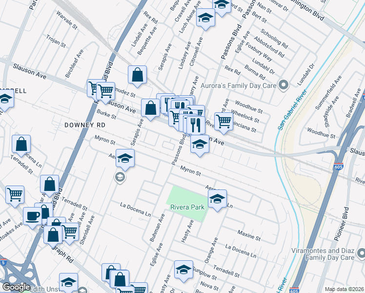 map of restaurants, bars, coffee shops, grocery stores, and more near 9312 Sierra Vista Circle in Pico Rivera