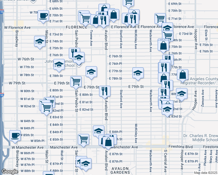 map of restaurants, bars, coffee shops, grocery stores, and more near 608 East 79th Street in Los Angeles