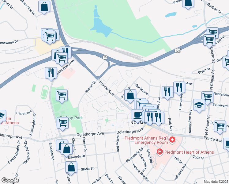 map of restaurants, bars, coffee shops, grocery stores, and more near 1684 Prince Avenue in Athens