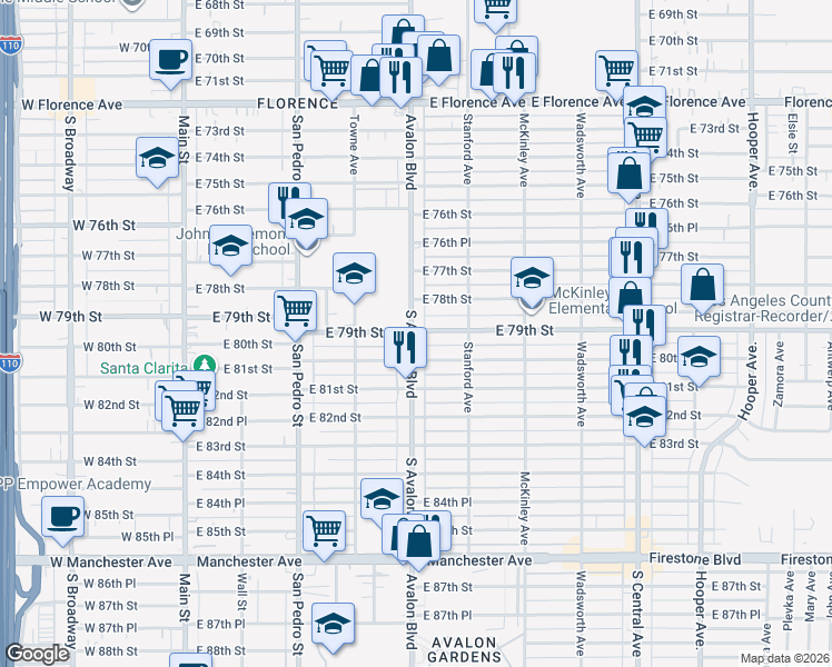 map of restaurants, bars, coffee shops, grocery stores, and more near 7900 Avalon Boulevard in Los Angeles
