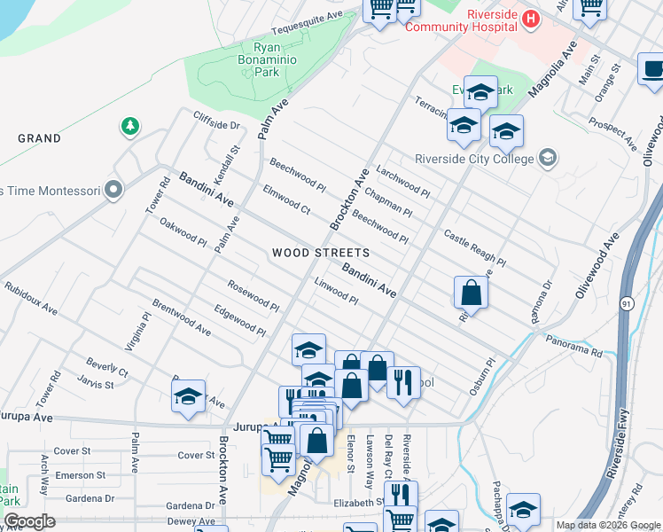 map of restaurants, bars, coffee shops, grocery stores, and more near 4056 Bandini Avenue in Riverside