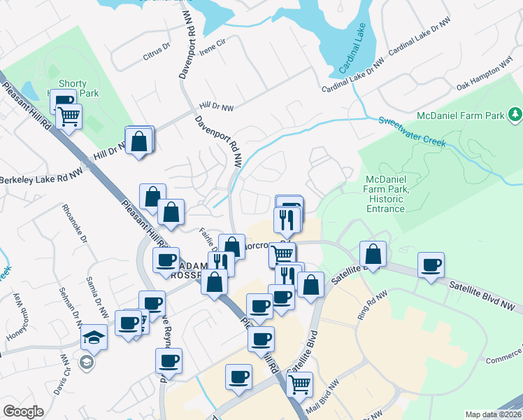 map of restaurants, bars, coffee shops, grocery stores, and more near 2388 Fairlie Drive in Duluth