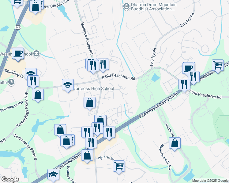 map of restaurants, bars, coffee shops, grocery stores, and more near 5151 Beverly Glen Village Lane in Peachtree Corners