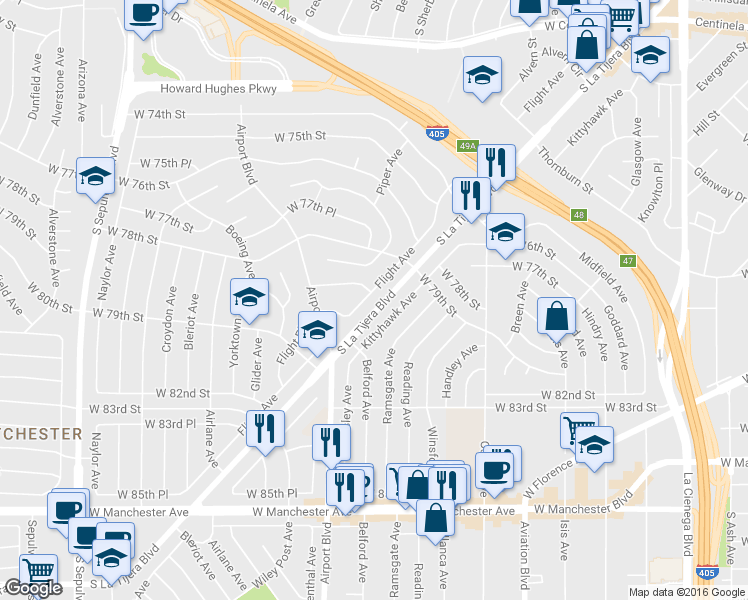 map of restaurants, bars, coffee shops, grocery stores, and more near 7826 Flight Avenue in Los Angeles