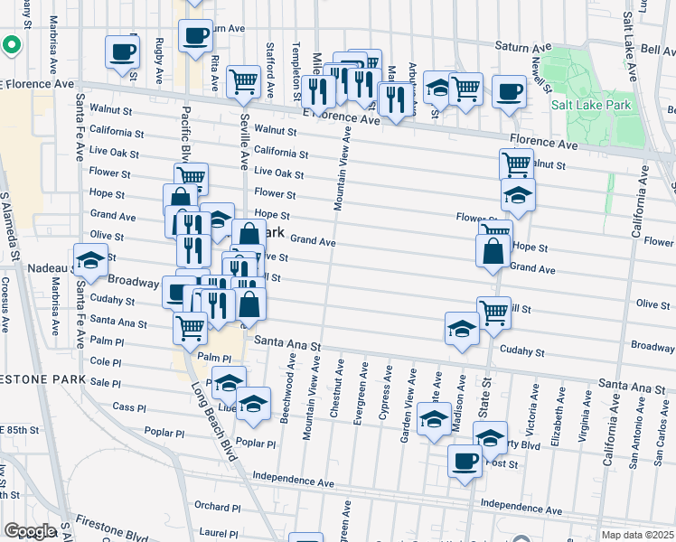map of restaurants, bars, coffee shops, grocery stores, and more near 2906 Olive Street in Huntington Park